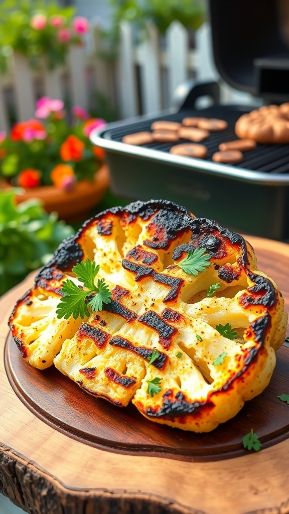 Grilled Cauliflower Steaks Recipe Grilled cauliflower steak garnished with parsley on a wooden platter in a garden setting.